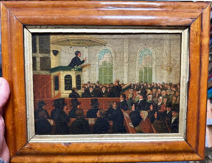 Early English oil painting of a church service