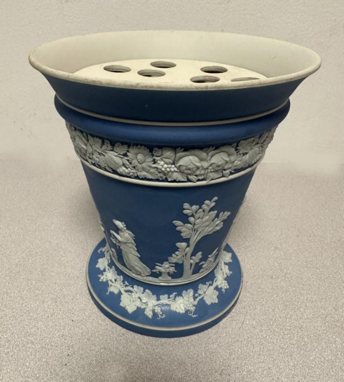 Wedgwood blue jasperware vase with flower frog