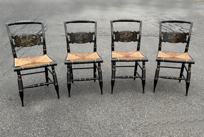 Hitchcock rush seat chairs in black signed