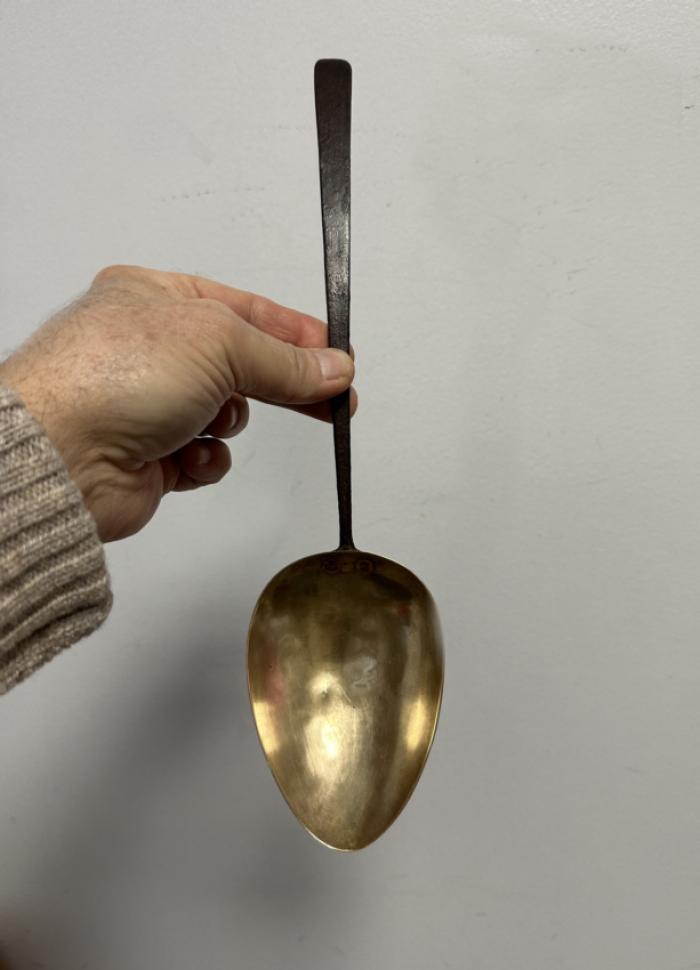 Early 19thc iron and brass kitchen spoon