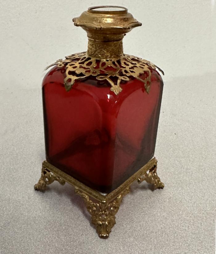 French cranberry glass perfume bottle with gilt brass mounts
