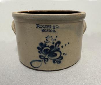 Image of Rogers and Co Boston butter crock  with cobalt blue