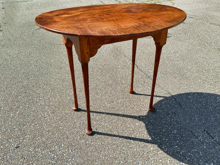 Vintage J L Treharn oval tiger maple tea table