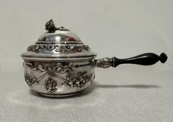 Image of German silver covered warming pot with turned wood handle