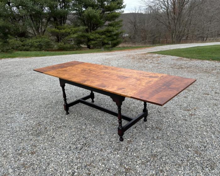 Treharn tiger maple harvest table with black base