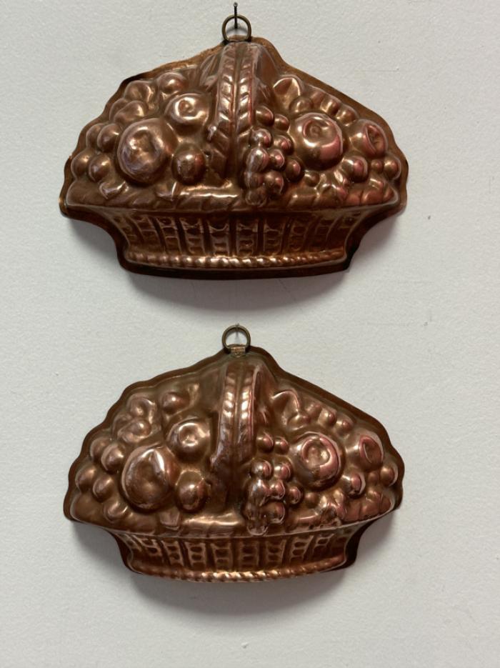 English copper and tin baking molds in fruit basket motif