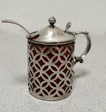 Image of Sterling silver and cranberry glass mustard pot
