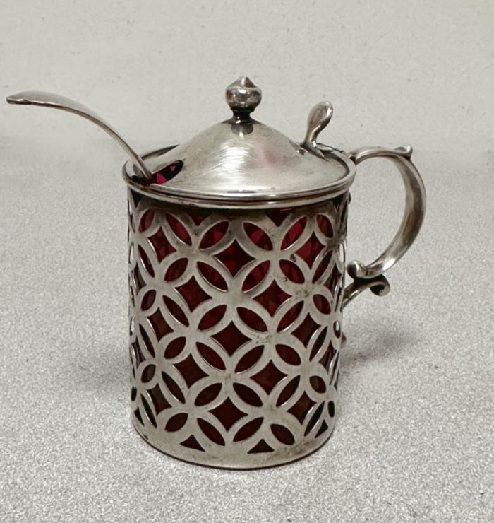 Sterling silver and cranberry glass mustard pot
