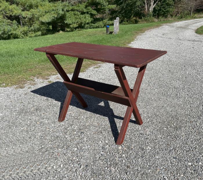 Early American sawbuck table in original red wash