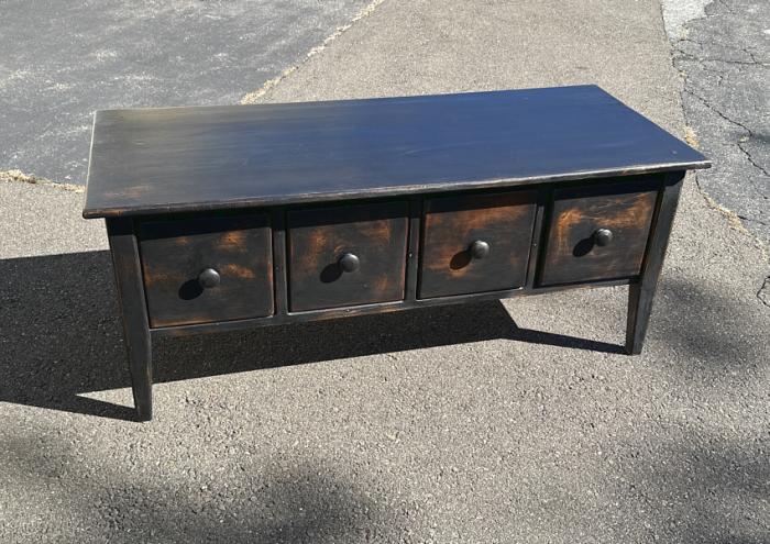 Bench made maple coffee table in scrubbed black finish