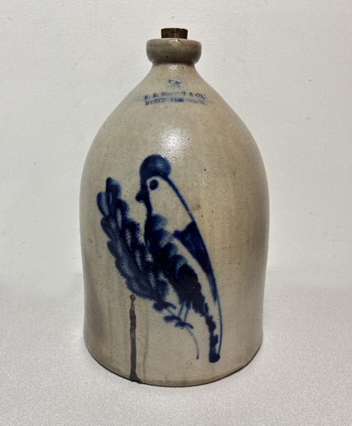 Stoneware jug with crested bird by E B Norton Worcester MA