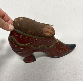 Image of Victorian dressmakers wooden shoe pin cushion c1855