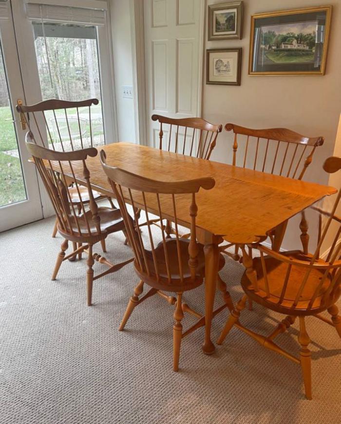 Bench made tiger maple dining table and chairs