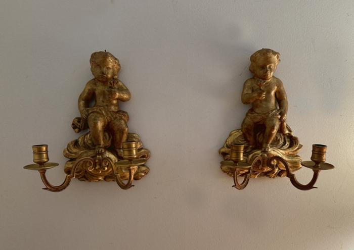 Putti gilt wood and brass candle sconces