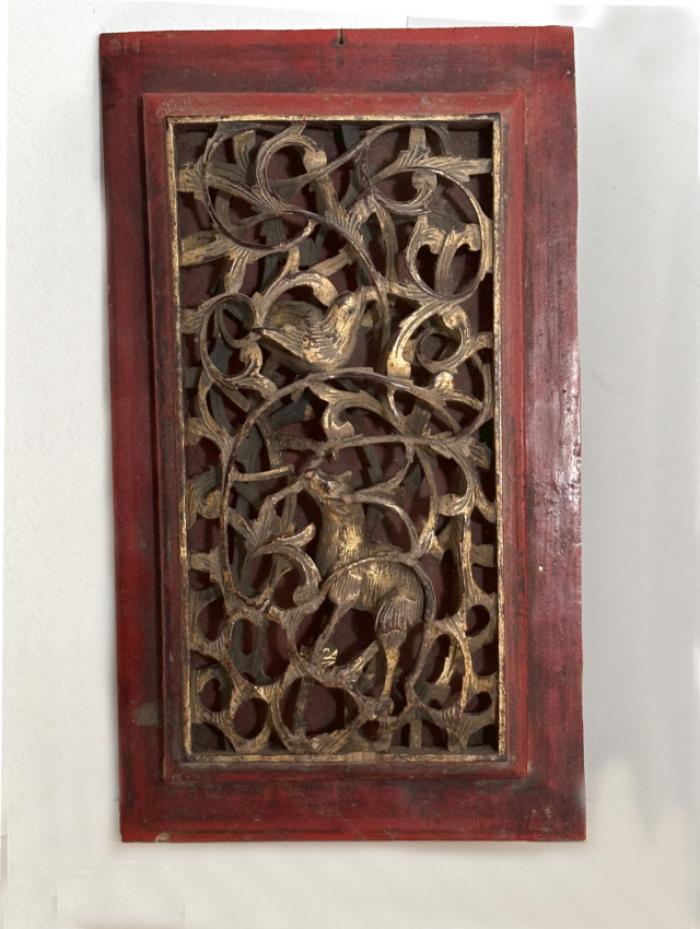 Chinese 19thc hand carved panel with bird and fox