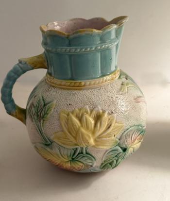 Image of Samuel Lear Pond Lily majolica pitcher with rope handle c1880