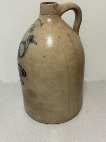 Image of West Troy pottery 4 gal stoneware jug with cobalt bird decoration