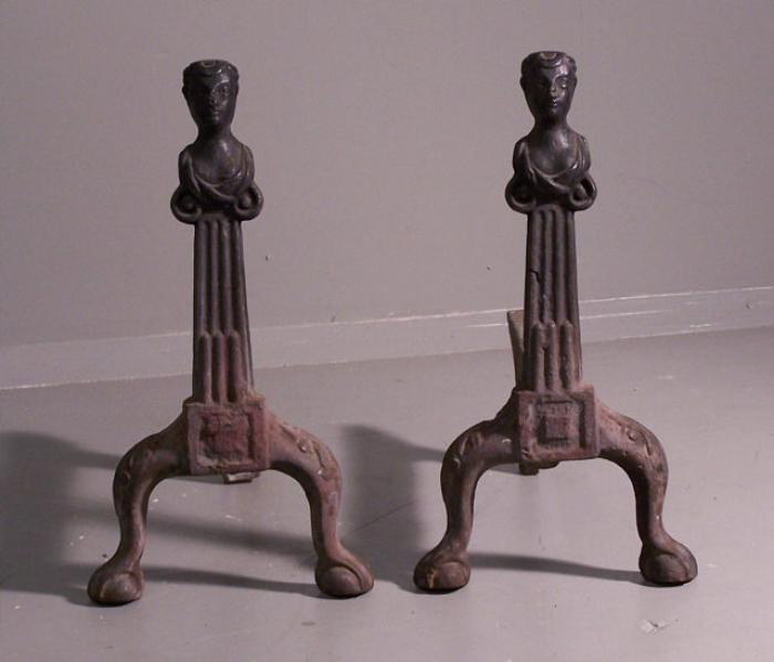 Rare pair of Early American cast iron Andirons 1790