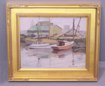 Image of Carl Schmidt oil painting on canvas boats in a harbor titled Ahoy Day