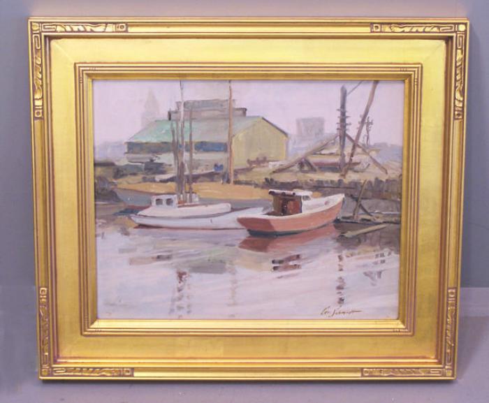 Carl Schmidt oil painting on canvas boats in a harbor titled Ahoy Day