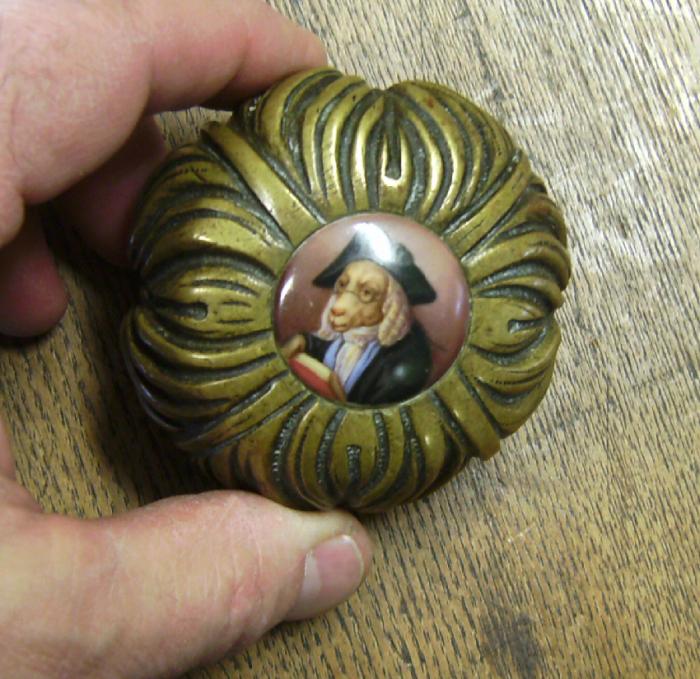 English brass walking stick cap with porcelain dog insert c1800