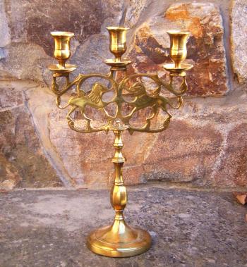 Image of 19th c Dutch brass candelabra with rampant lions
