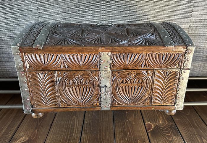 Early European carved oak document box c1720