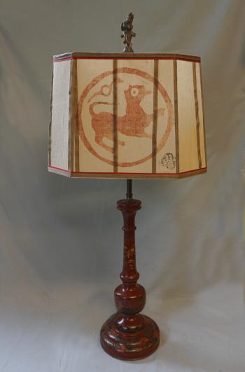 Image of Vintage Chinese red lacquer lamp with wood block shade c1920