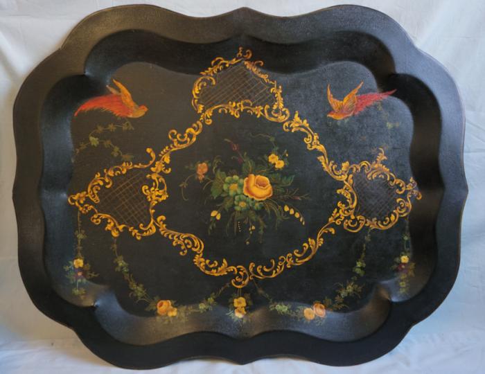 Antique Victorian tole painted tin tray painted free hand c1880