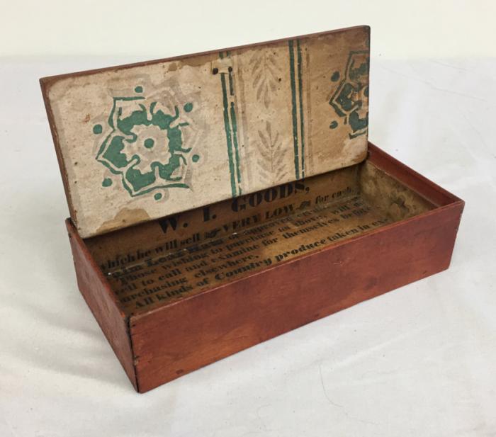 Early Massachusetts advertising box with red wash