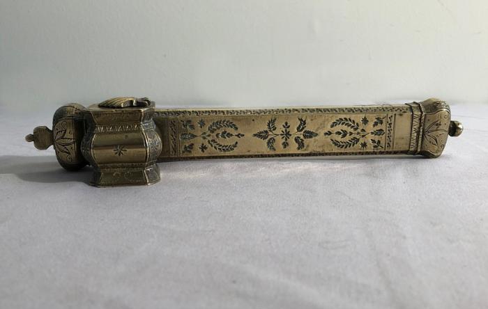 Ottoman scribes brass travel inkwell and pen holder c1860